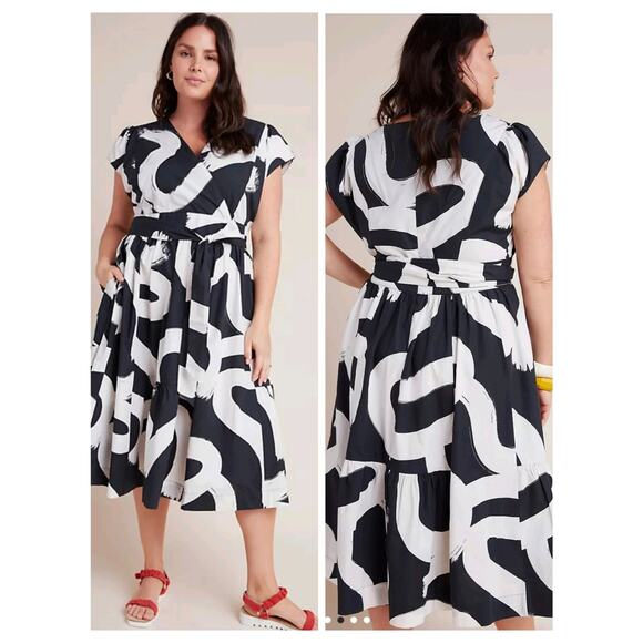 3964) Anthro Plus Maeve Sleeveless Black & White Mairead Midi Dress Size 22W - Picture 1 of 12